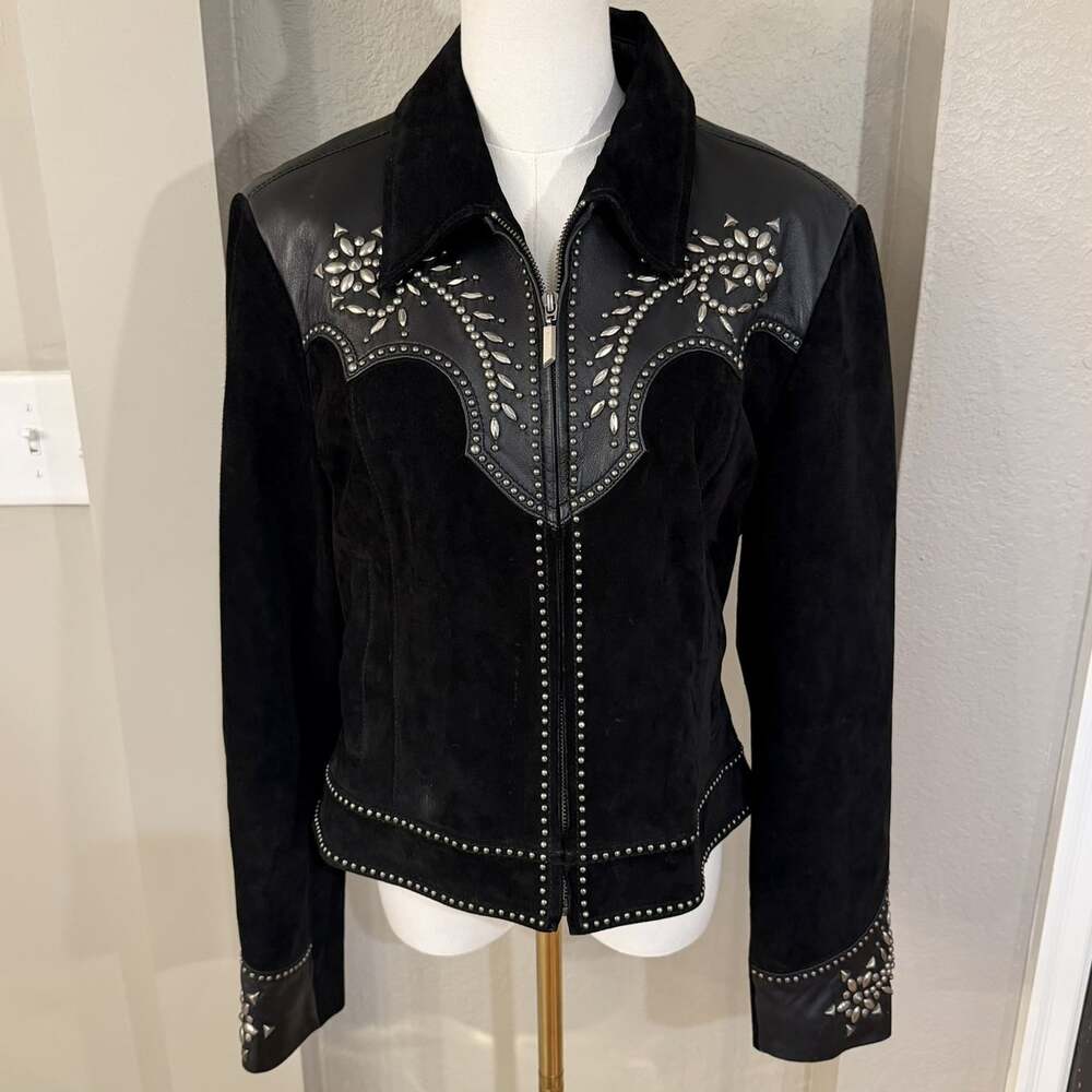 Cripple Creek Women’s L Black Leather Suede Studded Western Jacket Vintage Y2K